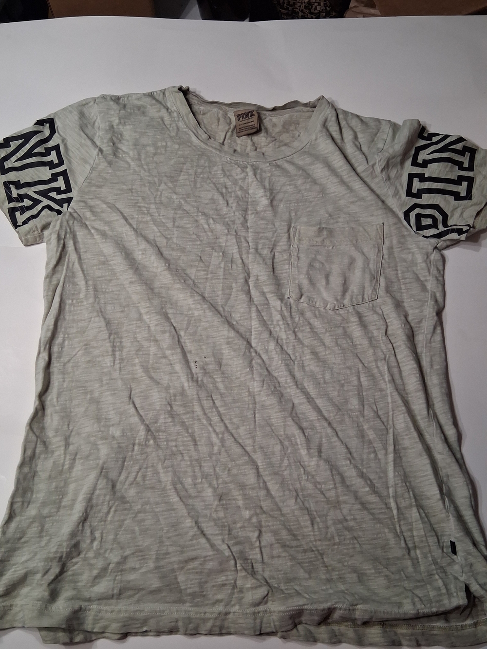 Victoria's Secret PINK Women's Small Gray Varsity Sleeve Pocket T-Shirt
